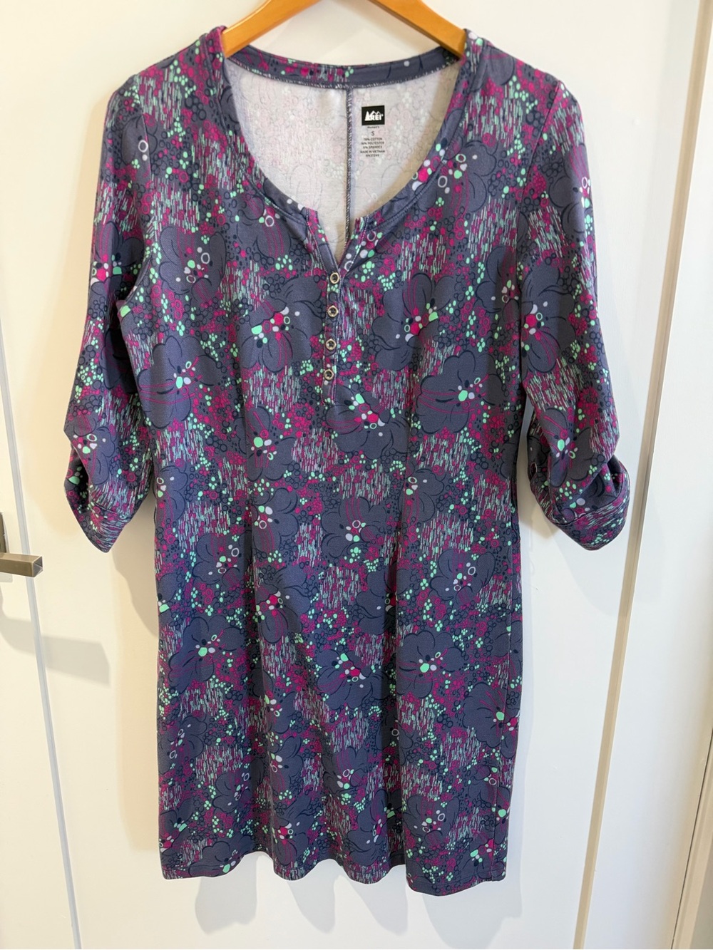 REI Purple Floral Henley Midi Dress with Pink & Mint Accents